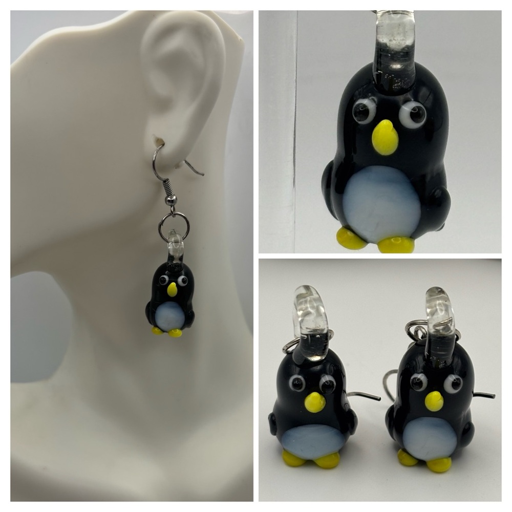 Lampwork Glass Penguin Dangle Earrings